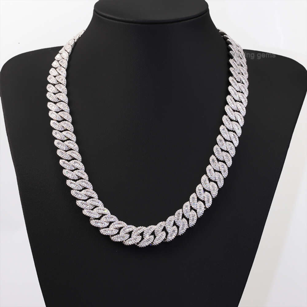 Custom 15mm Width Solid Sier with Gra Baguette Moissanite Cuban k Chain Mens Hip Hop Necklace