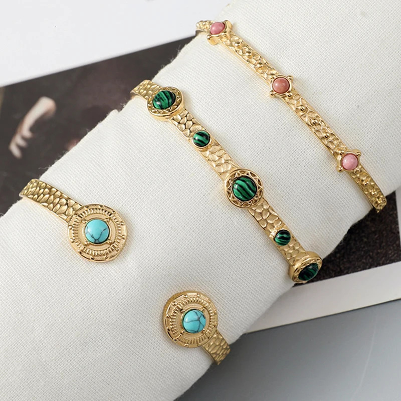 Charm Bracelets Vintage Green Natural Stone Inlay Bracelets for Women Girls Boho Summer Trendy Stainless Steel Opening Bangle Party Jewelry Gift 23100