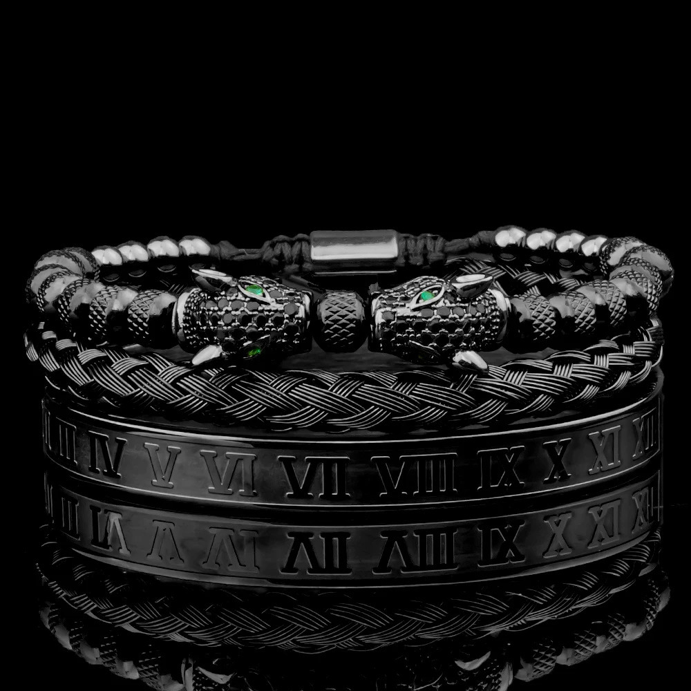 Charm Bracelets 3pcs/set Classical Handmade Braiding Bracelet Hip Hop Men Pave CZ Leopard Head Roman Numeral Bracelet Stainless Steel Jewelry 231009