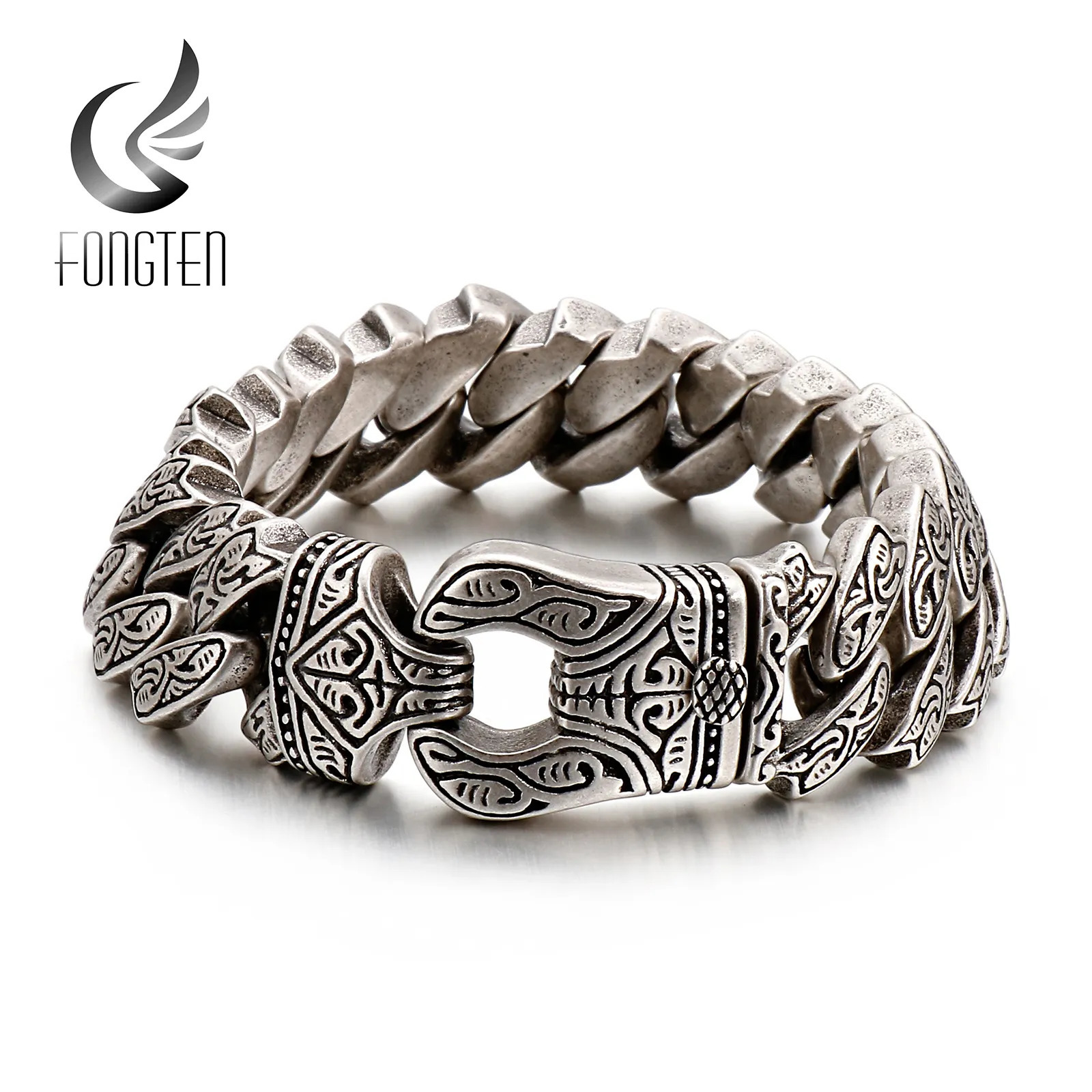 Charm Bracelets Fongten Vintage Bracelet For Men Unique Carving Cuban Link Chain Stainless Steel Men's Bracelets Bangle Viking Fashion Jewelry 23