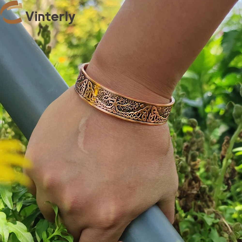 Charm Bracelets Viking Yggdrasil Pure Copper Magnetic Bracelet Benefits Adjustable Cuff Healing Energy 15mm Wide Wrap Copper Bracelet Men Charms 23100