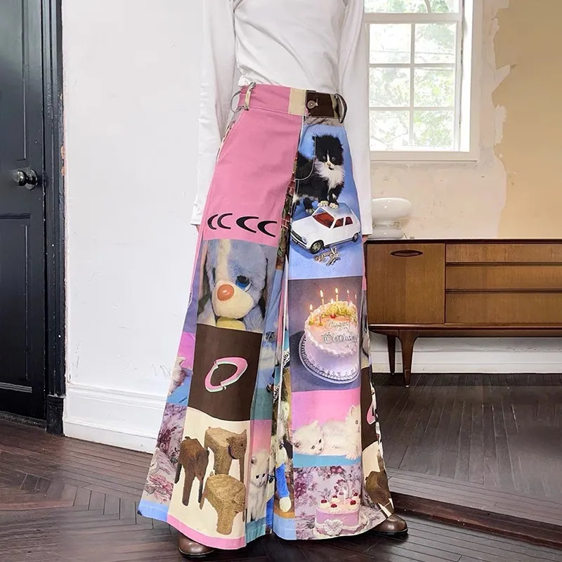 Women's Pants s Karrram Japanese Y2k Wide Leg Harajuku Pink High Waist 2000s Aesthetic Kawaii Cat Print Trousers Korean Fashion Cute 231009