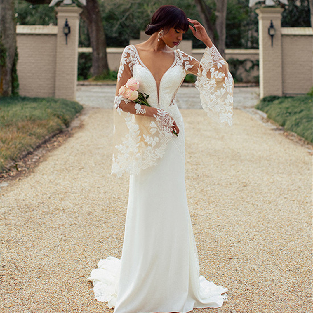 Cheap Satin Wedding Dresses Sexy Backless Jewel Neck Sweep Train Beach Wedding Gowns Belt Crystal Beaded Plus Size Bohemian Bridal Dress 05
