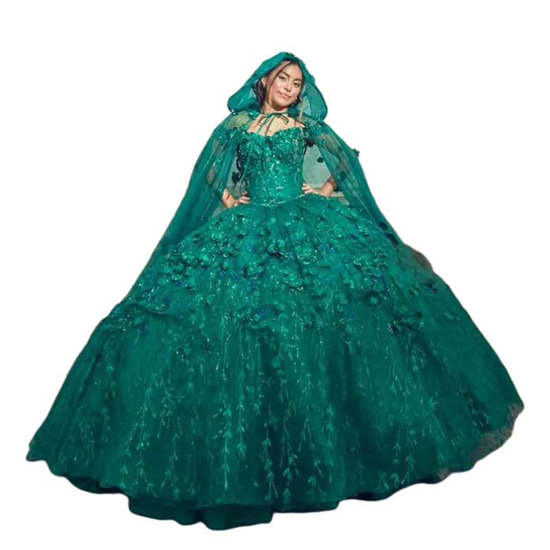 Luxury Hunter 3D Floral Appliqued Quinceanera Dresses With Cape Lace Long Princess Prom Occasion Dress Off The Shoulder Corset Sweet 15 Girls Party Go