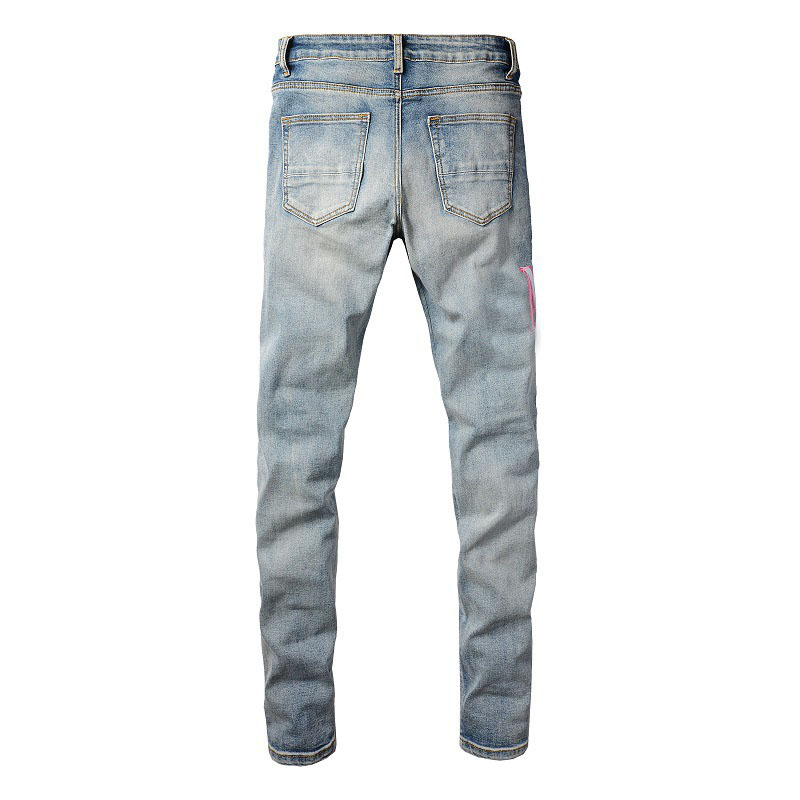 Men's Jeans High Street Jeans Men Letter Embroidered Denim Pants Hole Patch Slim Fit Pants