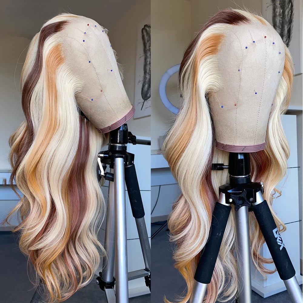 360 Highlight Blonde Body Wave Front 13x4 Ombre Colored Simulation Human Hair Wigs For Women Brazilian 613 Lace Frontal Wig
