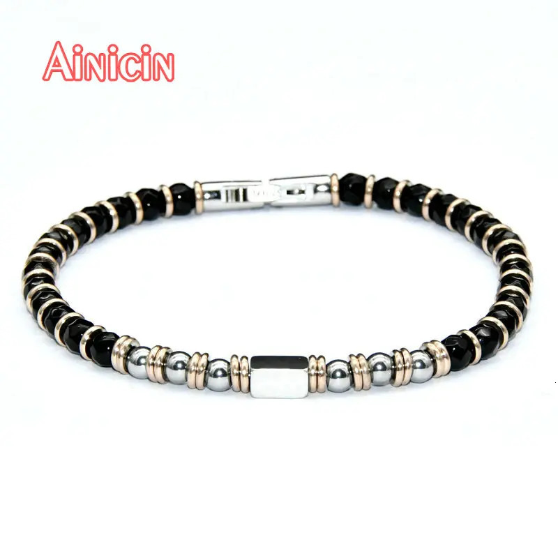 Charm Bracelets High Quality Black Faceted Agate Round Beads Stainless Steel Bracelet For Fashion Men's Jewelry 231009