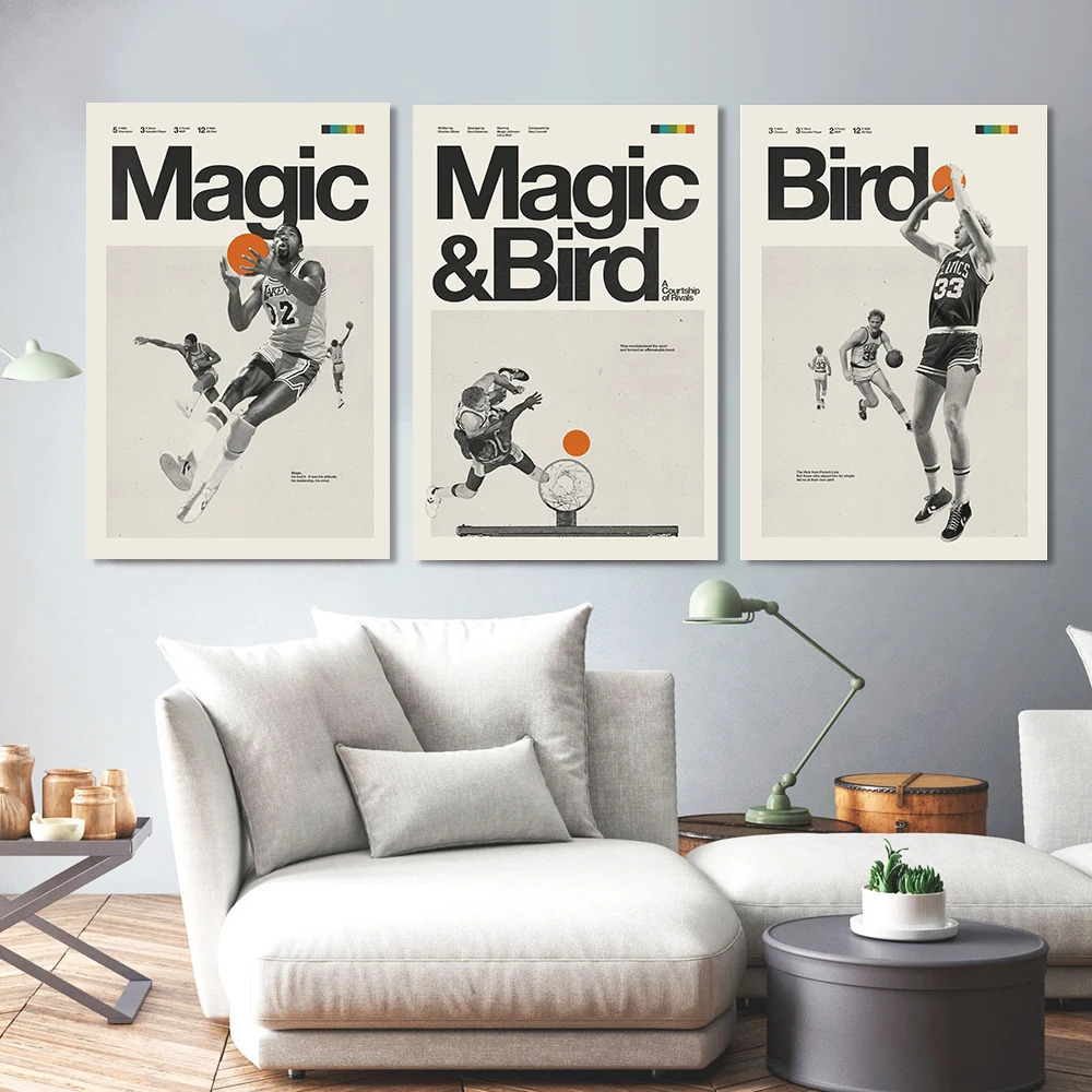 Paintings MAGIC Johnson Larry BIRD Inspired Poster Basketball Sports Canvas Painting Medieval Black and White Printmaking Office Decor 231009