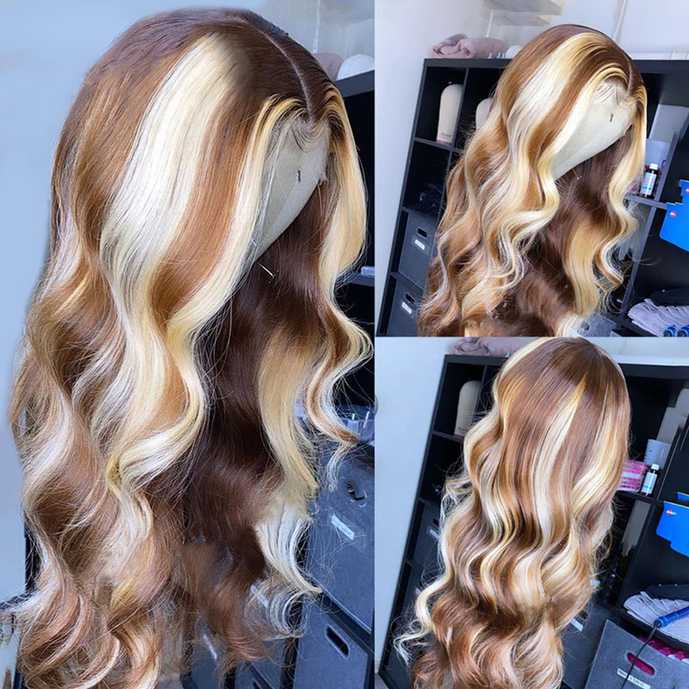 Free shipping HD Body Wave Blonde Highlight Front Human Hair 100% Vieamese 34 36 Inch Colored 13x4 Lace Frontal Wigs Pre Plucked