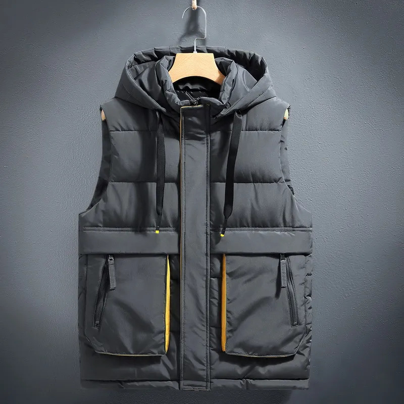 Men's Vests 3674Winter Vest Men Warm Thick Sleeveless Jacket Zipper Slim Pockets Down Cotton Coat Black Gray Beige Waistcoat 231010