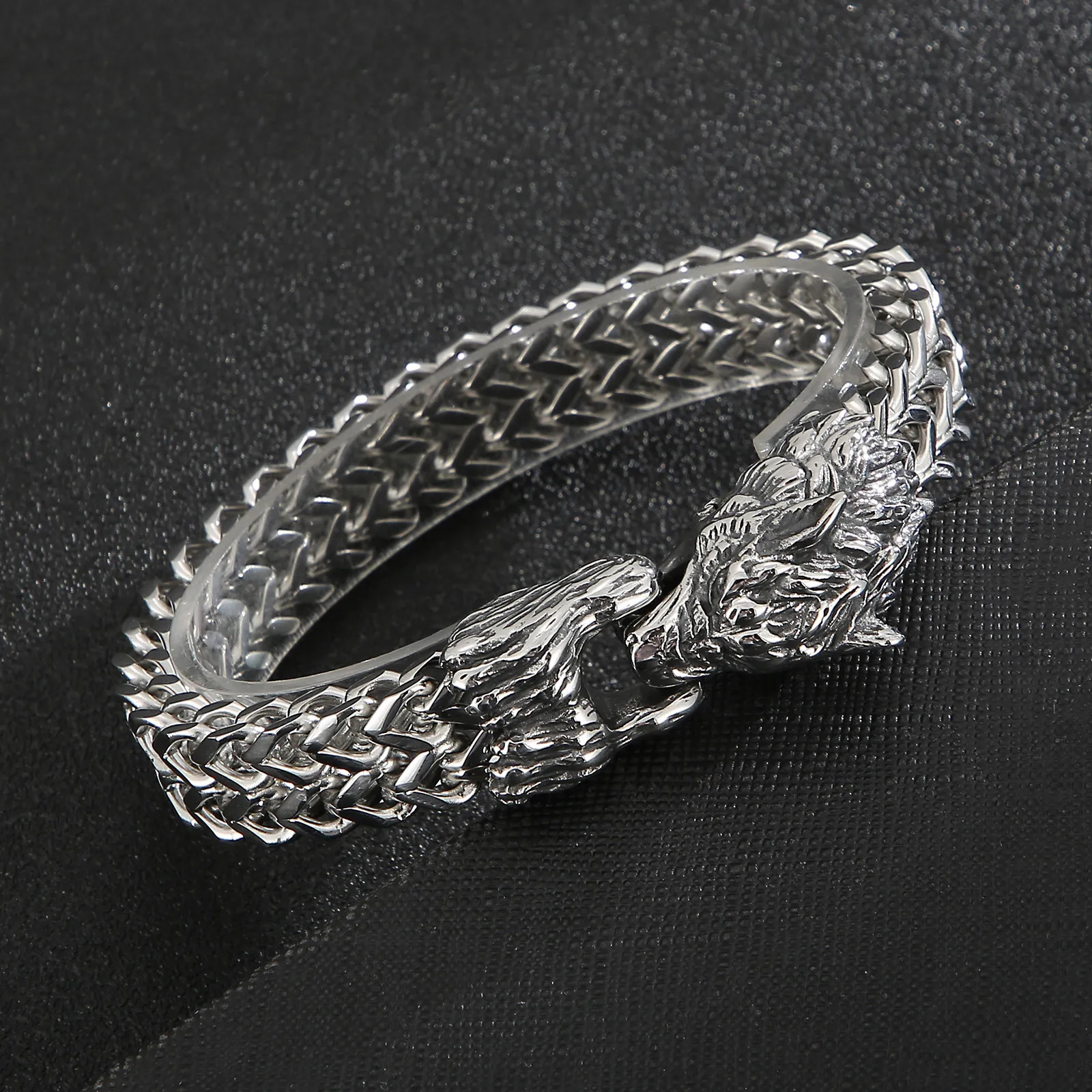 Charm Bracelets Fongten Wolf Head Animal Punk Men Bracelet Viking Retro Stainless Steel Wristband Charm Trendy Mesh Chain Bangle Jewelry 231009