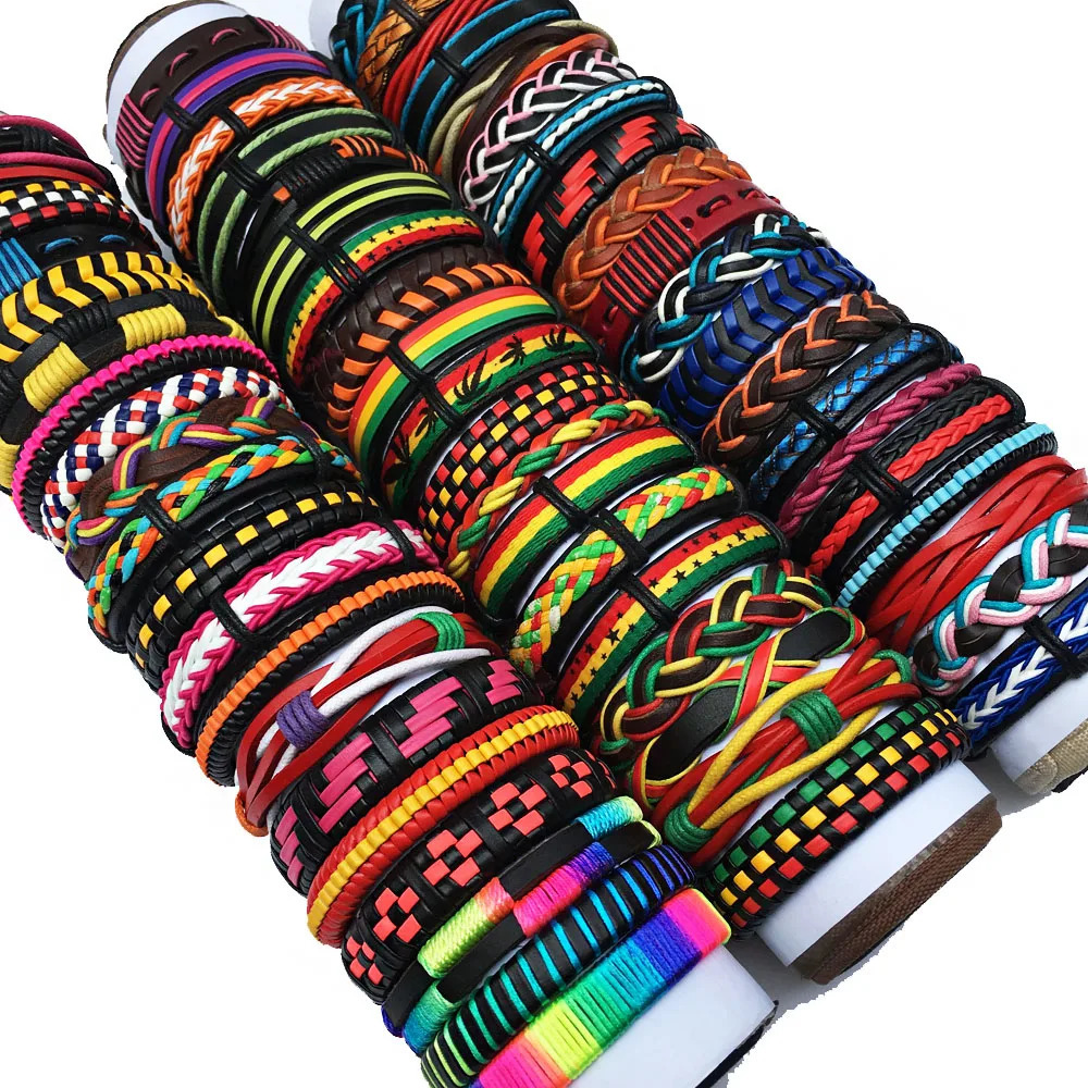 Charm Bracelets 50PCS/set Wholesale Lots Bulk Random Punk Men's Leather Bracelets Femme Pulseras Bileklik Couple Bracelet Men Jewelry WP2 231009
