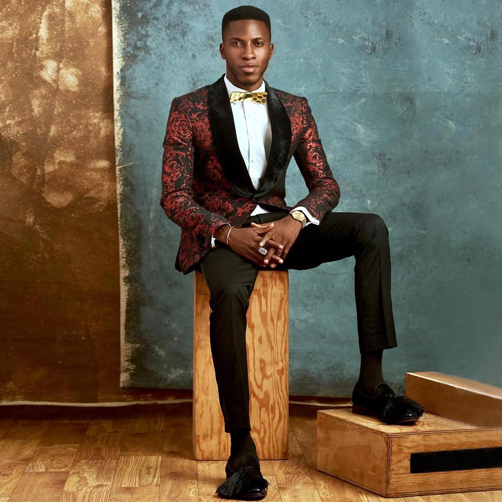 Burgundy Pattern Wedding Tuxedos Slim Fit Mens Suits 2 Pieces Sets Shawl Lapel Blazers One Button Formal Suit With Jacket And Pants