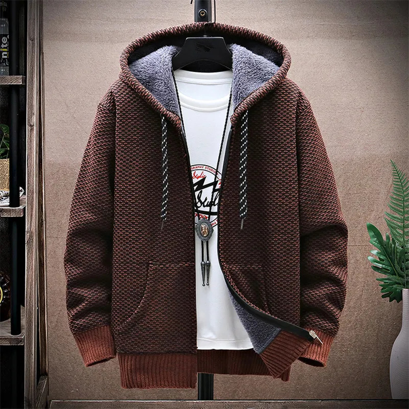 Men's Sweaters Winter Fleece Sweatercoat Men Thick Warm Hooded Kintted Mens Sweater Cardigan Solid Casual Knitting Jacket Coat Male Clothing 2310