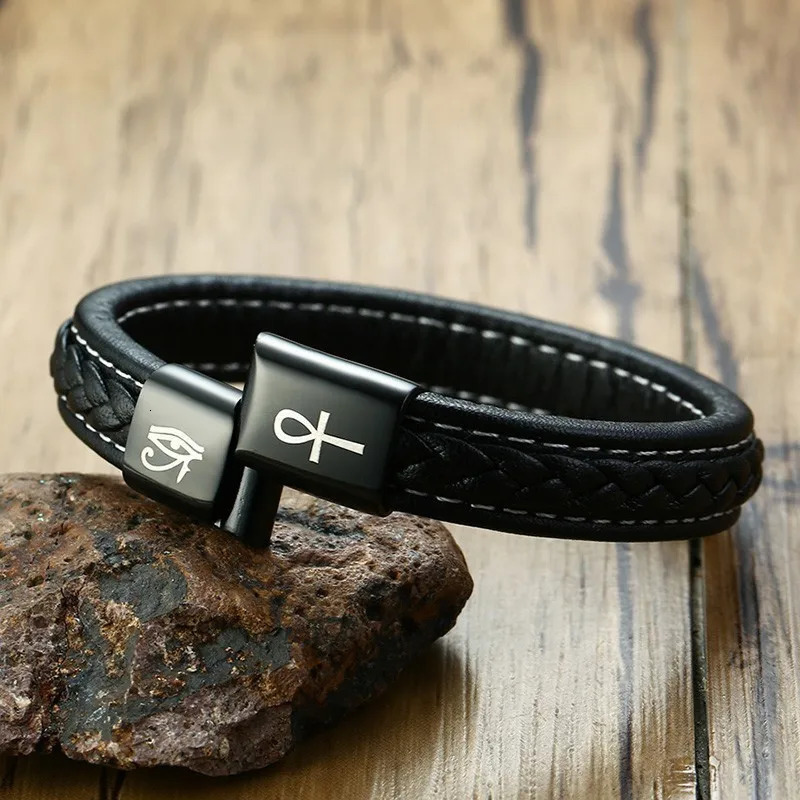 Charm Bracelets Mens Black Handmade Braided Real Leather Bracelets The Eye of Horus and Ankh Cross pulseira Christmas Year Gifts for Him 231009