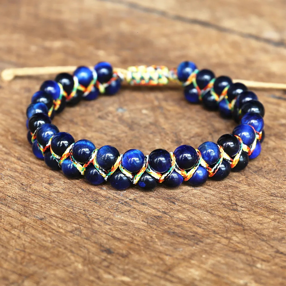 Charm Bracelets Handmade 6mm Blue Tiger Eye Stone Beads Braided Bracelet Women Men Friendship Strand Charm Bracelet Bohemian Jewelry 231009