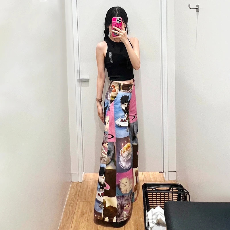 Women's Pants s Karrram Japanese Y2k Wide Leg Harajuku Pink High Waist 2000s Aesthetic Kawaii Cat Print Trousers Korean Fashion Cute 231009