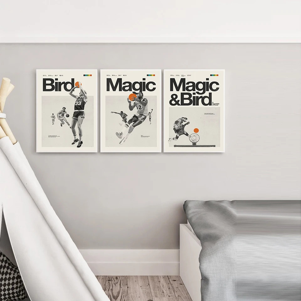 Paintings MAGIC Johnson Larry BIRD Inspired Poster Basketball Sports Canvas Painting Medieval Black and White Printmaking Office Decor 231009