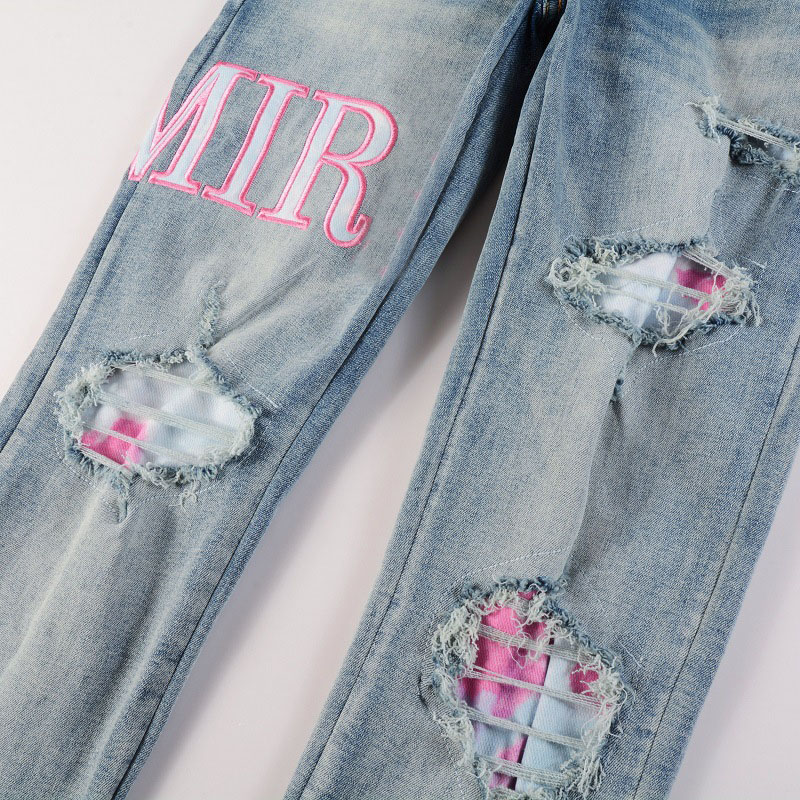 Men's Jeans High Street Jeans Men Letter Embroidered Denim Pants Hole Patch Slim Fit Pants
