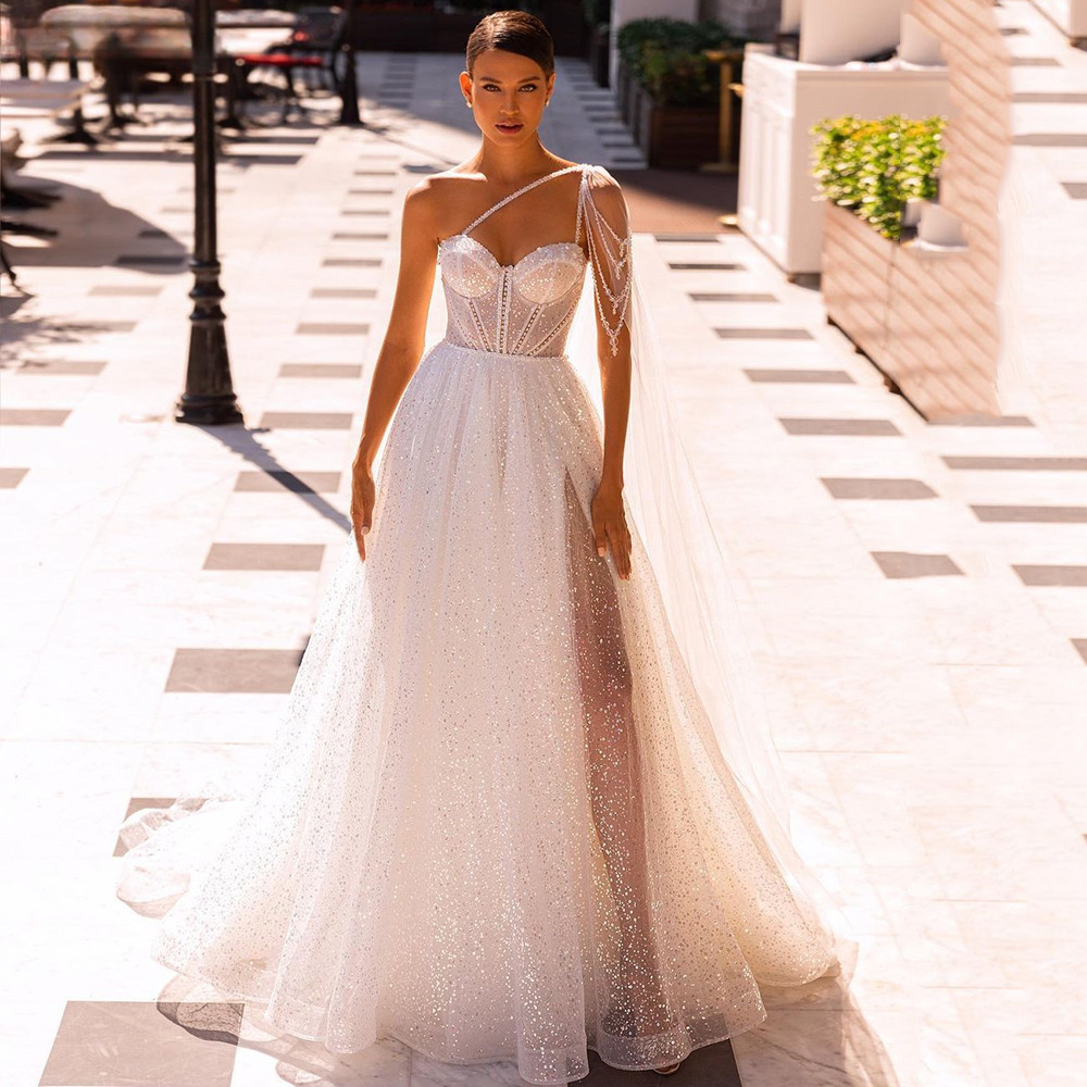 Shiny Sequin A Line Wedding Dresses Beading One Shoulder Bridal Gown with Slit Sweep Train Robe De Mariage