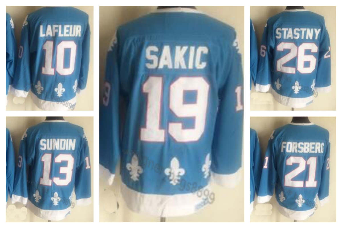 Mens CCM Retro 19 Joe Sakic 21 Peter Forsberg Hockey Jerseys 13 Mats Sundin 26 Peter Stastny Jerseys 10 Guy Lafleur 22 Marois Vintage Blue White 2023 
