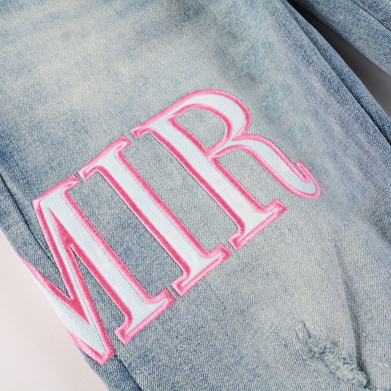Men's Jeans High Street Jeans Men Letter Embroidered Denim Pants Hole Patch Slim Fit Pants