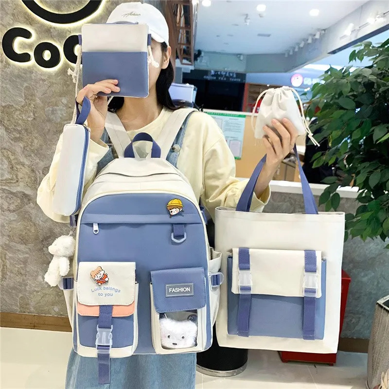 School Bags 5 In 1 Fashion Women Backpack Multiple Pockets School Bag For Teenage Girls Multifunctional Travel Backpacks Waterproof Bookbags 231009