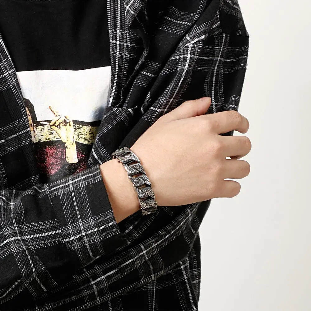 Charm Bracelets Fongten Vintage Bracelet For Men Unique Carving Cuban Link Chain Stainless Steel Men's Bracelets Bangle Viking Fashion Jewelry 23