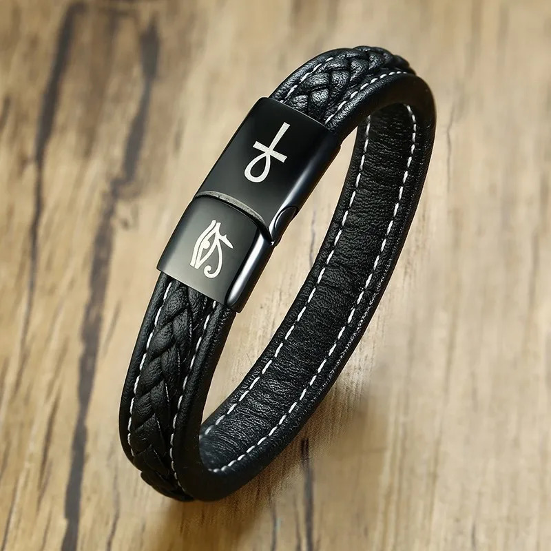 Charm Bracelets Mens Black Handmade Braided Real Leather Bracelets The Eye of Horus and Ankh Cross pulseira Christmas Year Gifts for Him 231009