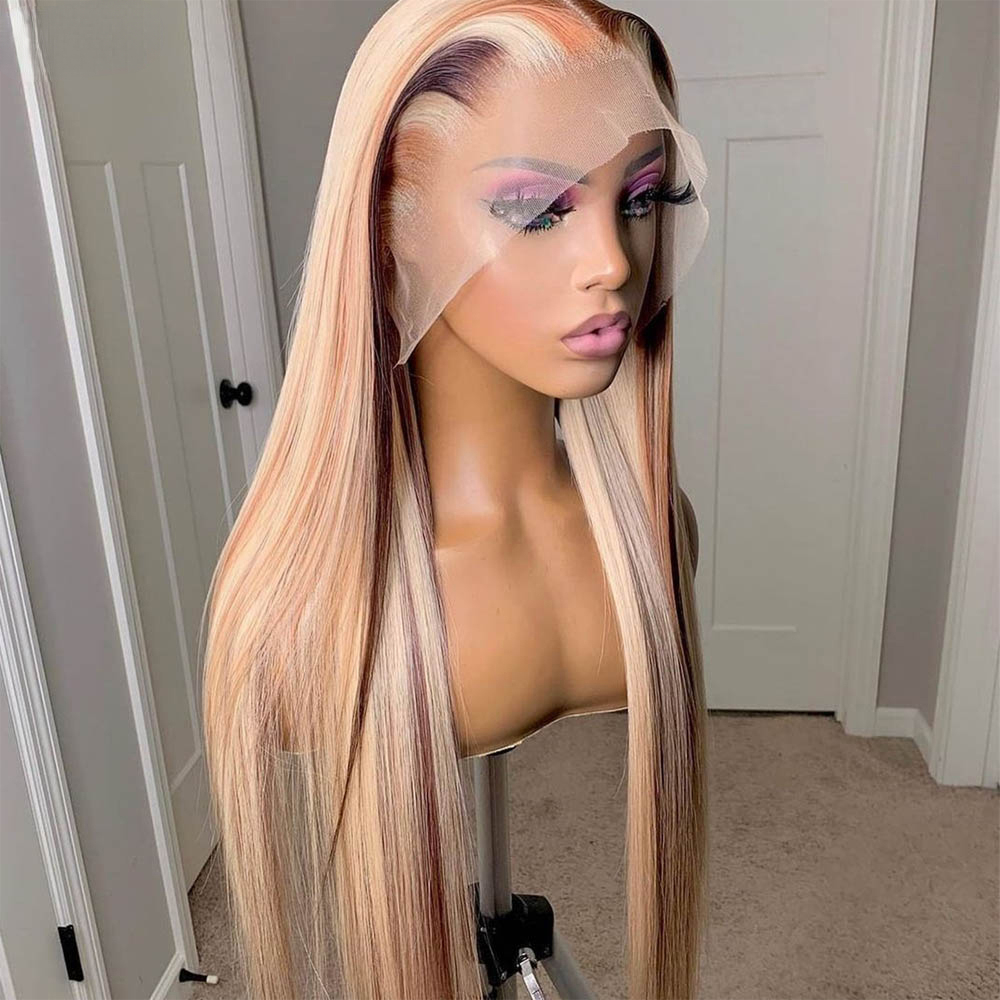 180 Density Brazilian Highlight Blonde Colored Simulation Human Hair Wig Body Wave Ombre HD Transparent Straight Lace Front Wigs For Women