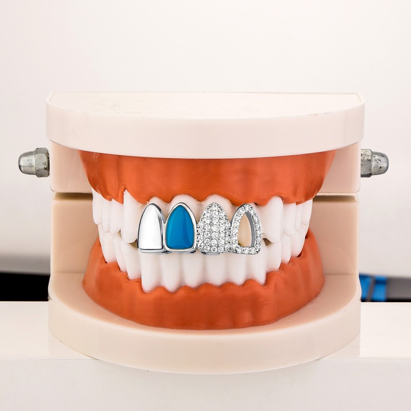 New Fashion Yellow White Gold Plated Bling Iced Out CZ Teeth Grillz Grills Dental Grills Rapper Jewelry for Men Women Gift