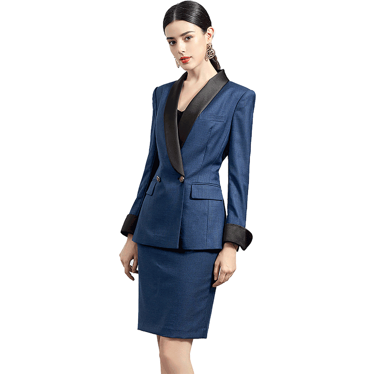 Office Lady Dress Suits Professional Outfits 2 Pieces Contrast Color Shawl Lapel Blazer With Tops And Skirts