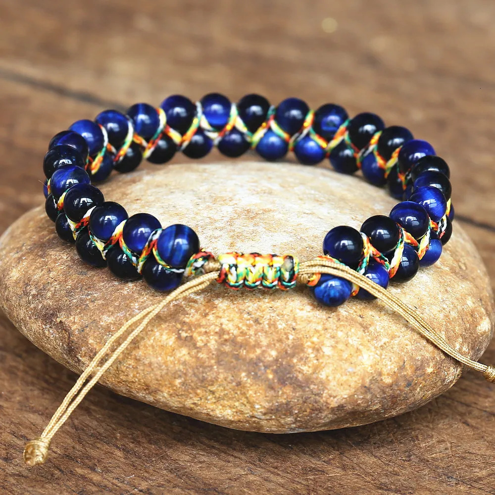 Charm Bracelets Handmade 6mm Blue Tiger Eye Stone Beads Braided Bracelet Women Men Friendship Strand Charm Bracelet Bohemian Jewelry 231009