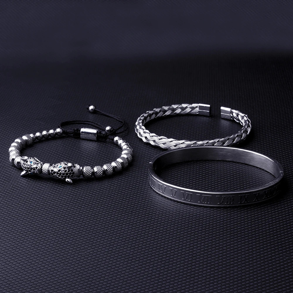 Charm Bracelets 3pcs/set Classical Handmade Braiding Bracelet Hip Hop Men Pave CZ Leopard Head Roman Numeral Bracelet Stainless Steel Jewelry 231009