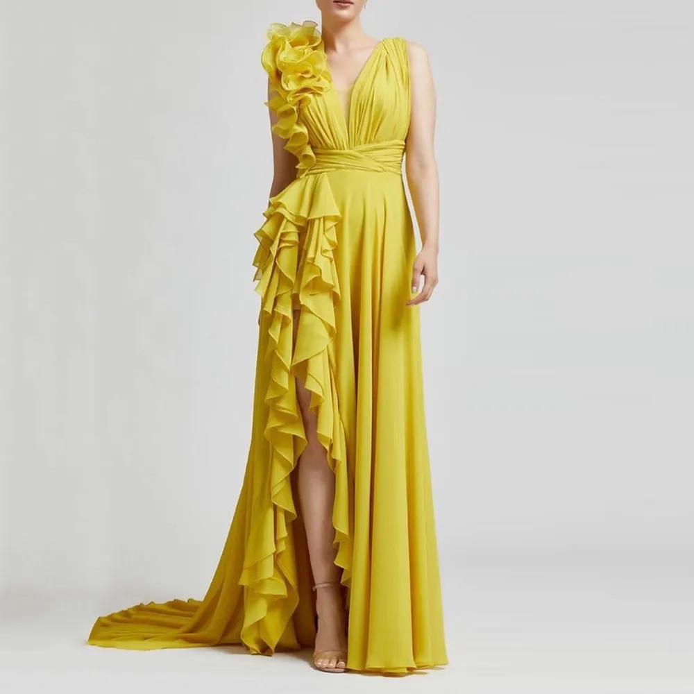 Elegant Long Yellow Evening Dresses V Neck Chiffon Sleeveless with Slit A Line Pleated Floor Length Dress for Special Requests