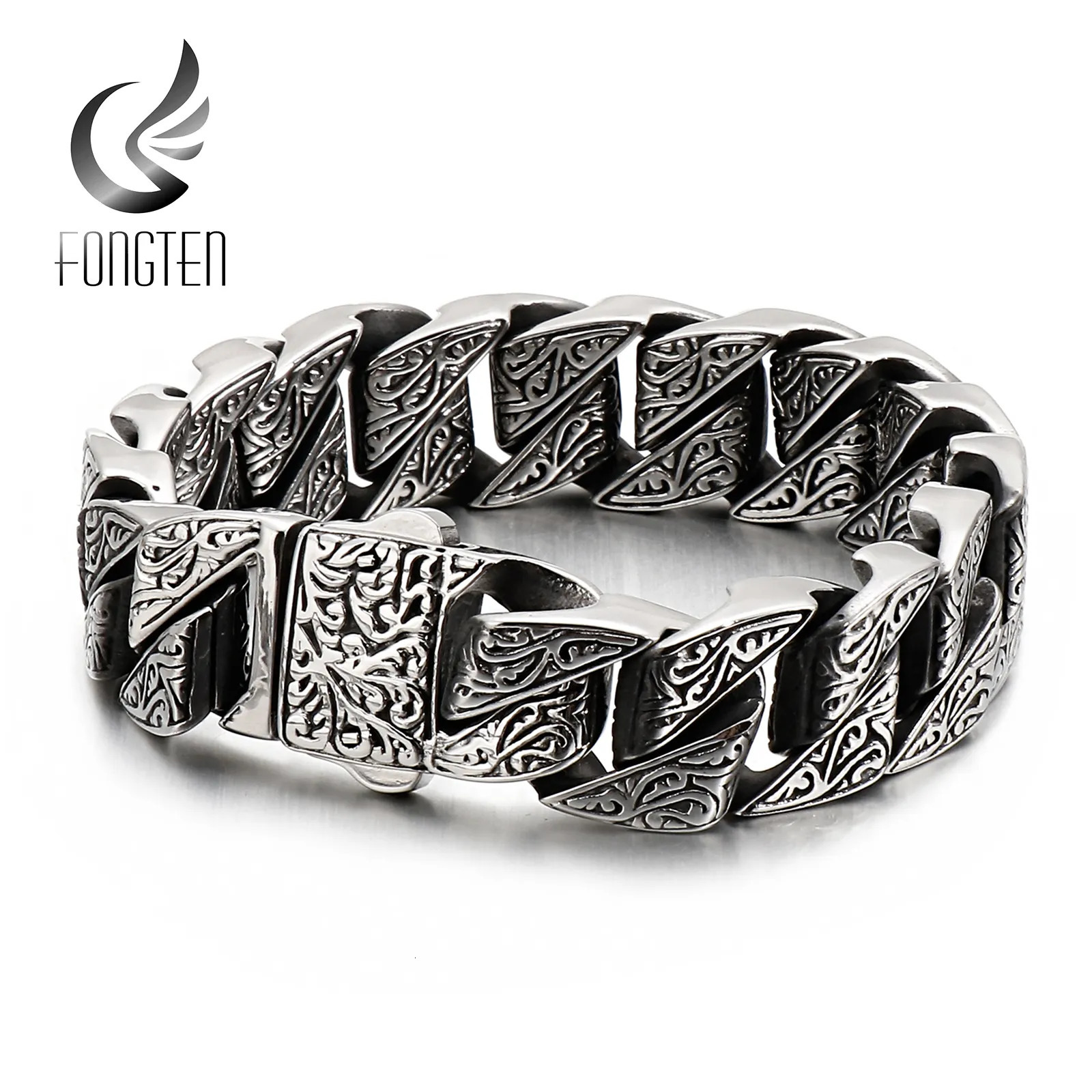 Charm Bracelets Fongten Vintage Bracelet For Men Unique Carving Cuban Link Chain Stainless Steel Men's Bracelets Bangle Viking Fashion Jewelry 23