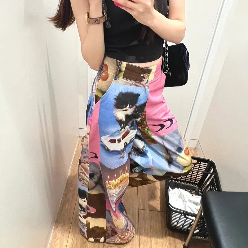 Women's Pants s Karrram Japanese Y2k Wide Leg Harajuku Pink High Waist 2000s Aesthetic Kawaii Cat Print Trousers Korean Fashion Cute 231009