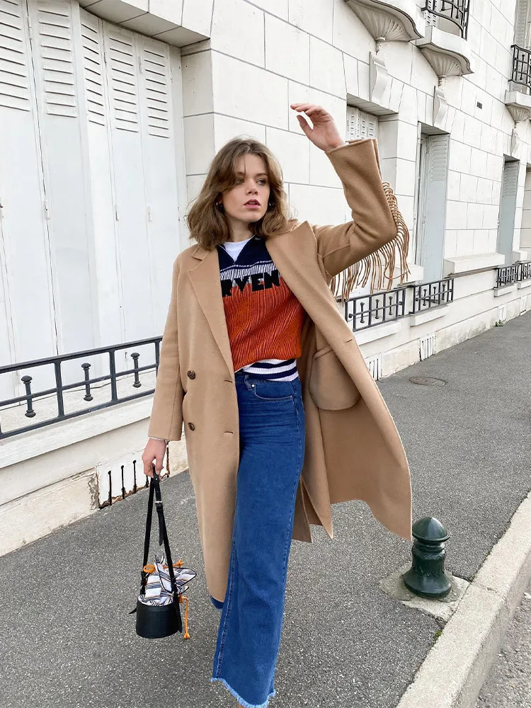 Womens Wool Blends Tassels Solid Oversize Coat Woolen Split Double Breasted Fashion Notched Autumn Winter Jacket Female Long Sleeve 231010