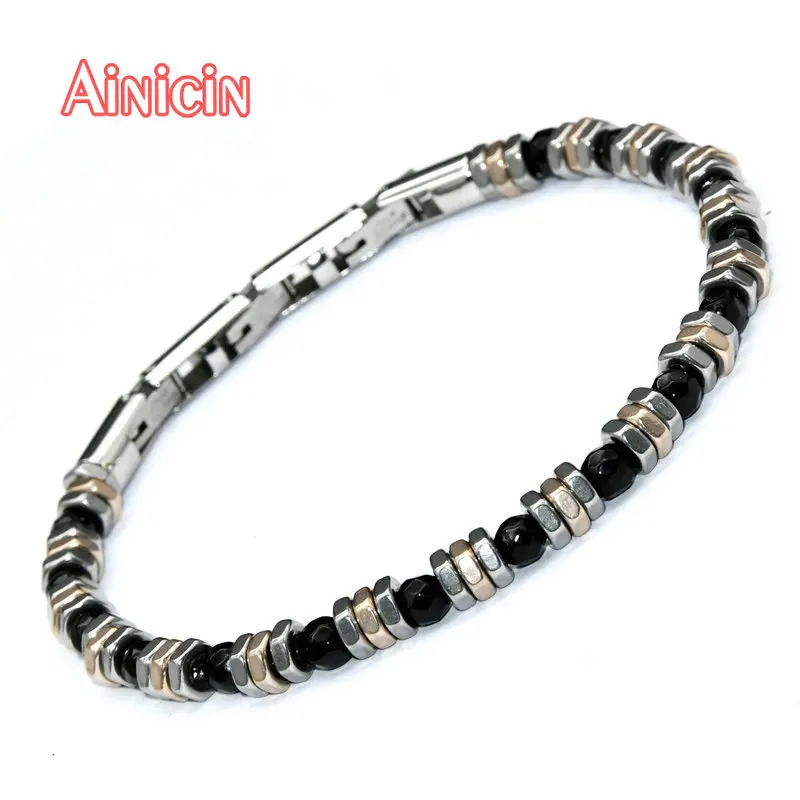 Charm Bracelets High Quality Black Faceted Agate Round Beads Stainless Steel Bracelet For Fashion Men's Jewelry 231009