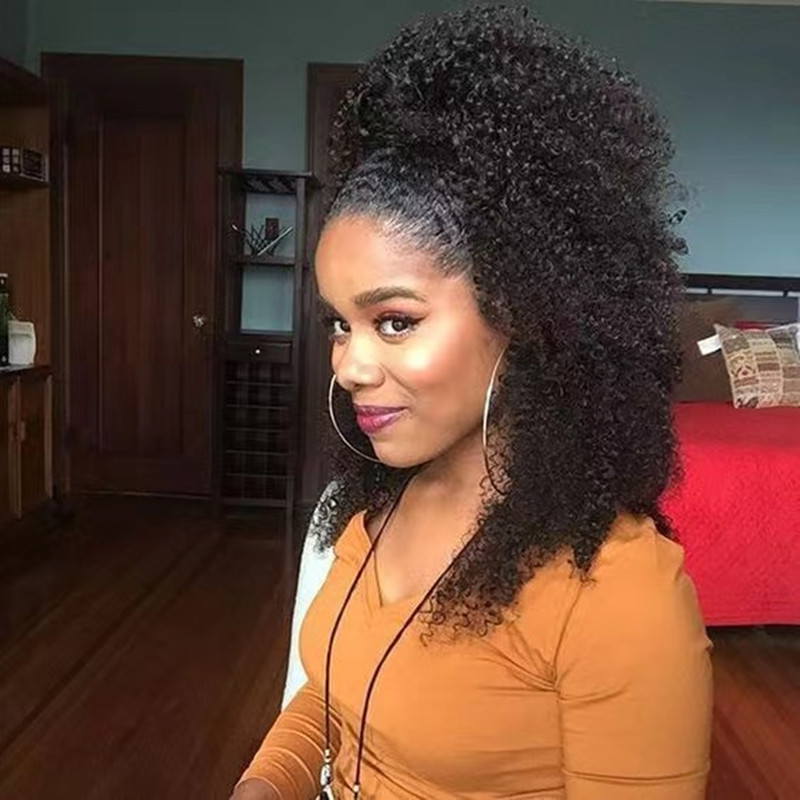 Mongolian Afro Kinky Curly Ponytail human Hair Pieces extension For Women African American Clip In Pony tails Drawstring 100% Human Hair full ends 140