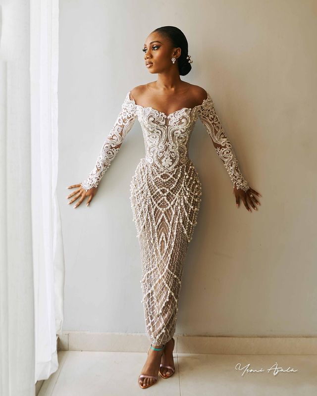 2023 Oct Arabic Aso Ebi Plus Size Sheath Ivory Luxurious Wedding Dress Pearls Lace Detachable Train Bridal Gowns Dresses ZJ734
