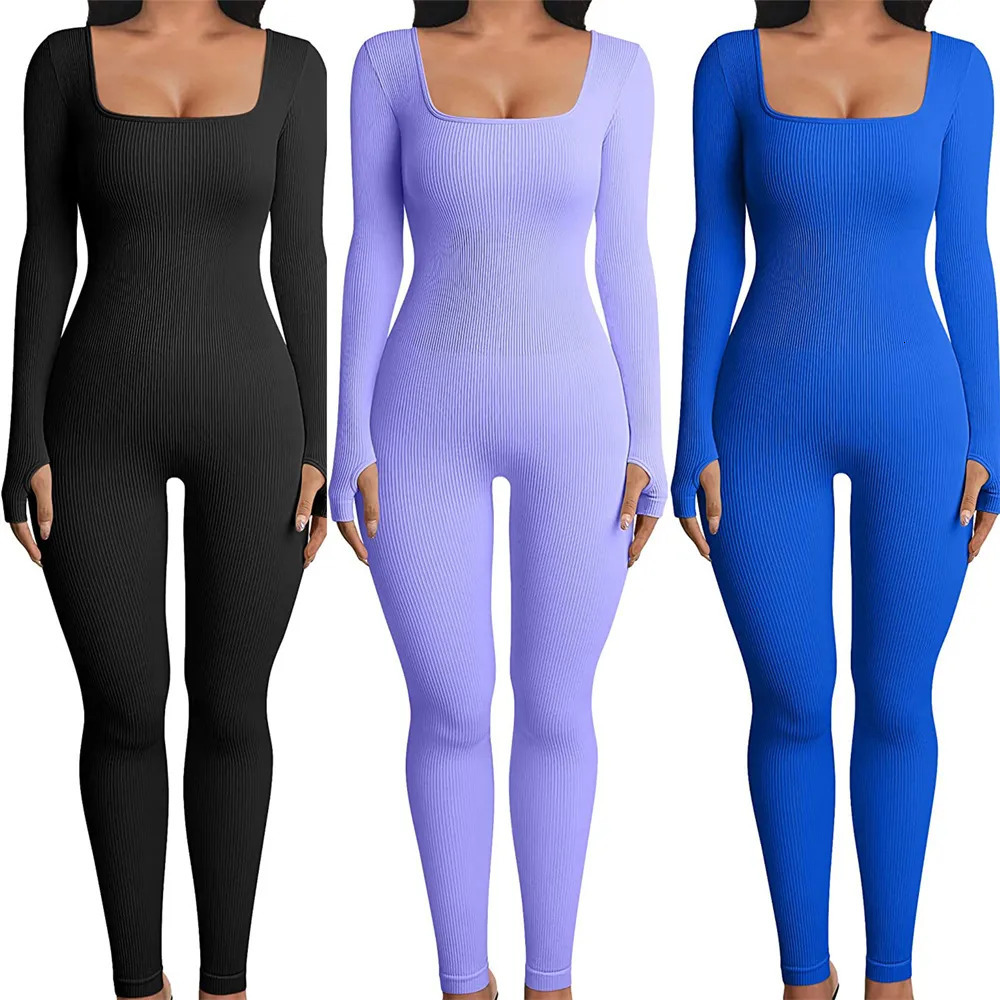 Women's Jumpsuits Rompers Women Skinny Jumpsuit Solid Color Ribbed Knit Long Sleeve Square Neck Bodycon Jumpsuit Romper Work Out Sport Yoga Plays