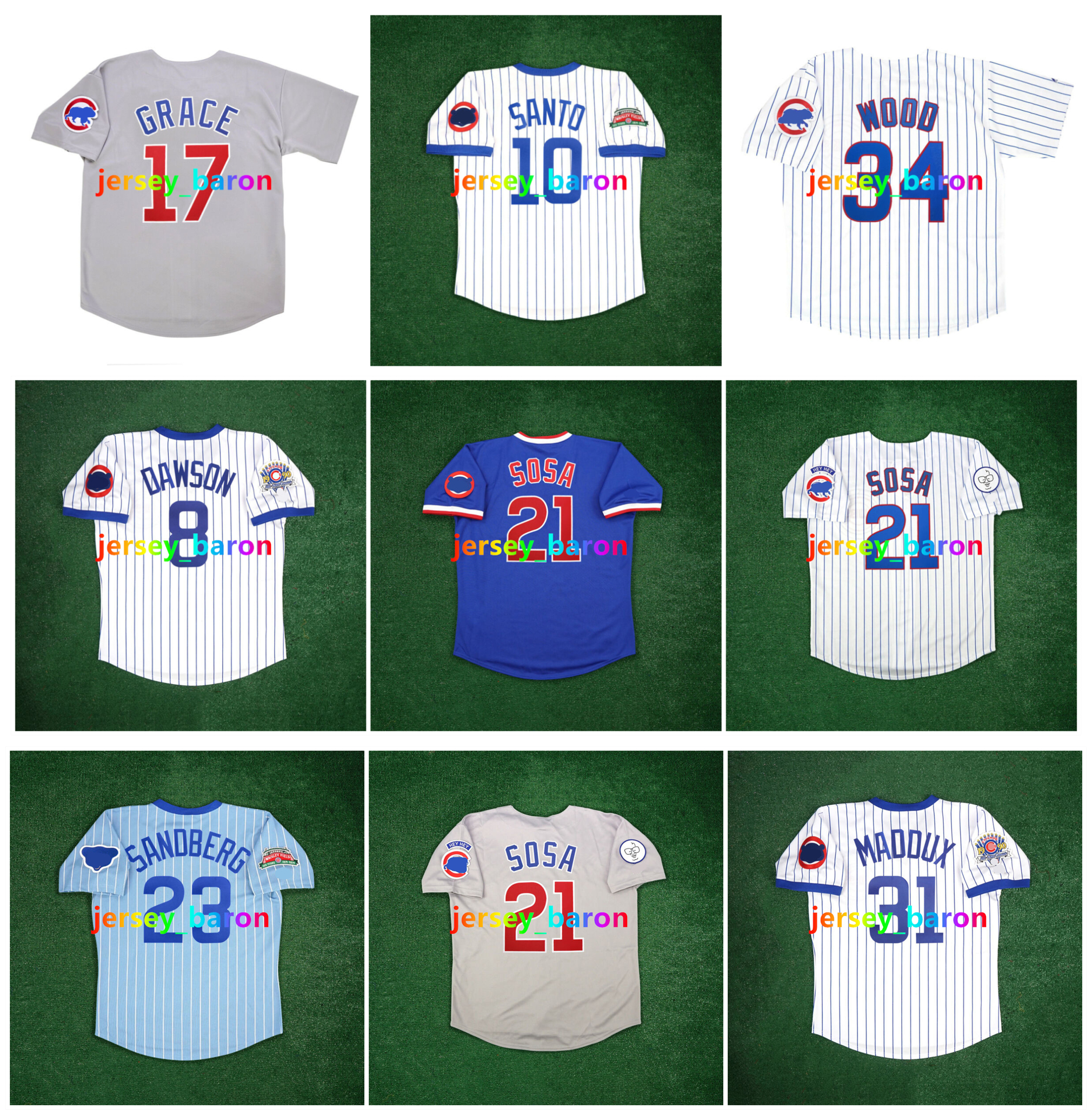 Sammy Sosa Ron Santo Mark Grace Cubs Baseball Jersey Ryne Sandberg Andre Dawson Ernie Banks Greg 31 Maddux Billy Williams Wrigley 100th Harry Caray Patch Size S-4XL