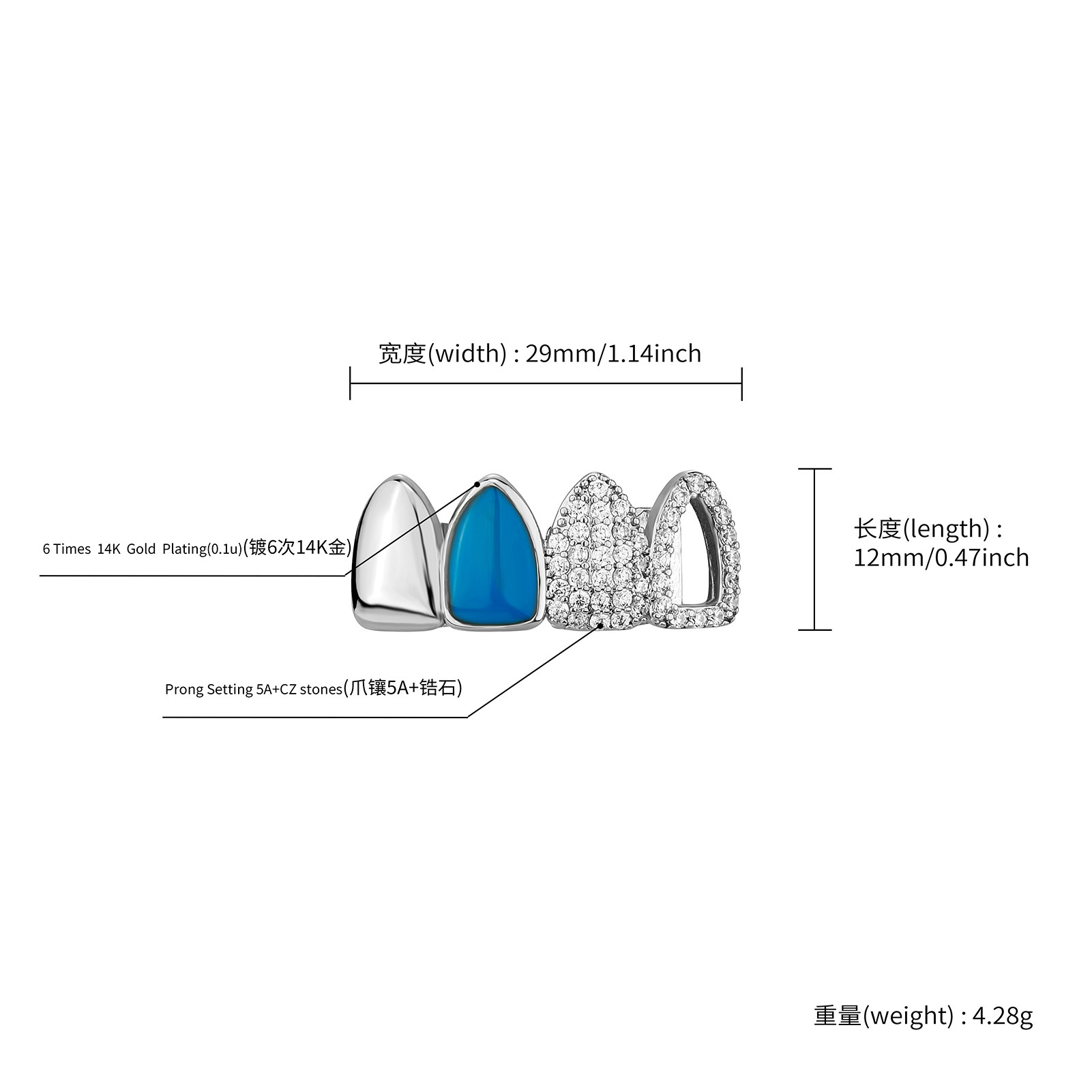 New Fashion Yellow White Gold Plated Bling Iced Out CZ Teeth Grillz Grills Dental Grills Rapper Jewelry for Men Women Gift