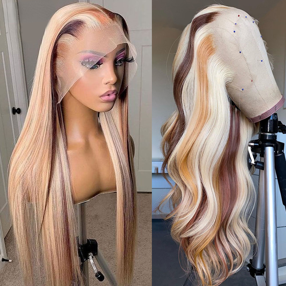 180 Density Brazilian Highlight Blonde Colored Simulation Human Hair Wig Body Wave Ombre HD Transparent Straight Lace Front Wigs For Women