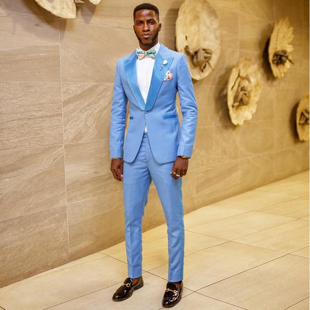 Light Sky Blue Wedding Tuxedos Slim Fit Mens Suits 2 Pieces Sets Peaked Lapel Blazers One Button Formal Suit With Jacket And Pants