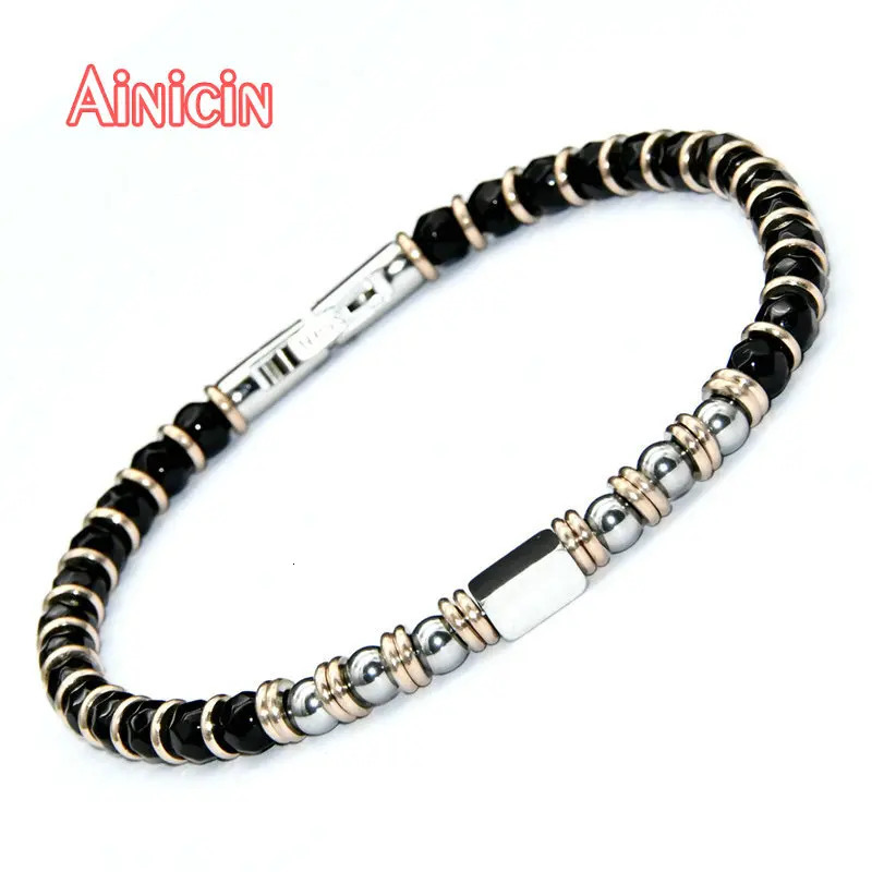 Charm Bracelets High Quality Black Faceted Agate Round Beads Stainless Steel Bracelet For Fashion Men's Jewelry 231009