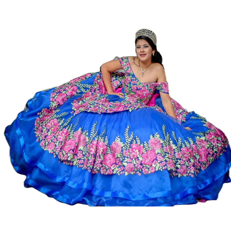 2024 Blue Princess Quinceanera Dresses With Pink Floral Lace Appliques Off The Shoulder Long Gorgeous Prom Occasion Dress For Sweet 16 Girls Party