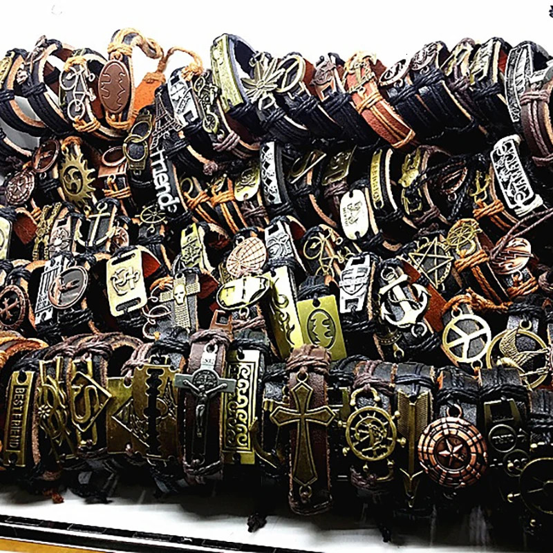 Charm Bracelets MIXMAX 100pcs leather bracelet men Genuine vintage punk rock retro bangle for women couple pulsera hombre wholesale lots bulk 231009