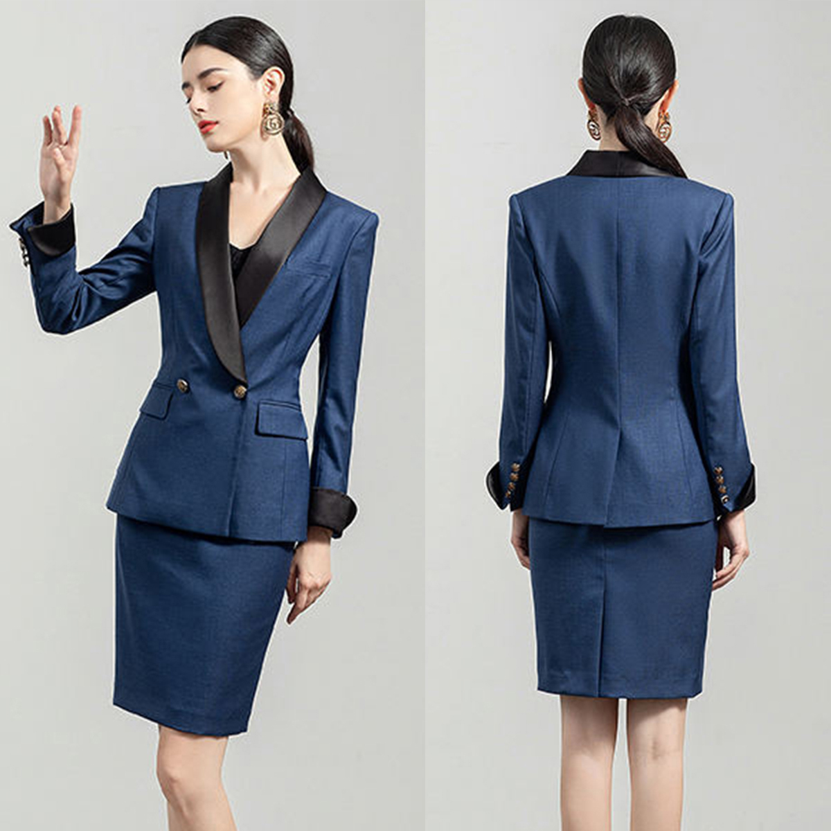 Office Lady Dress Suits Professional Outfits 2 Pieces Contrast Color Shawl Lapel Blazer With Tops And Skirts